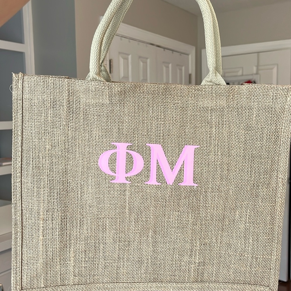 Phi Mu burlap bag